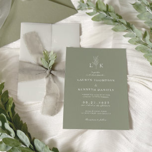 Elegant klassisk salvia grön bladmonogram bryllop inbjudningar