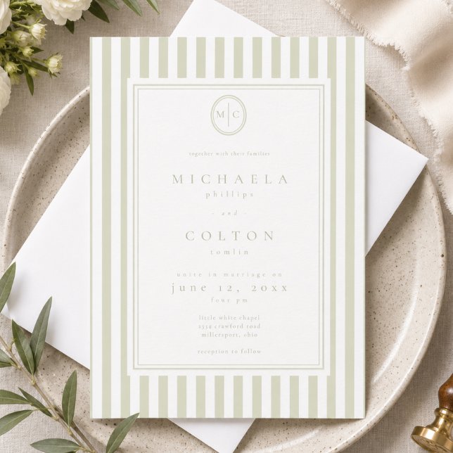 Elegant Klassisk Salviagrön Randig Monogram Bröllo Inbjudningar (Skapare uppladdad)
