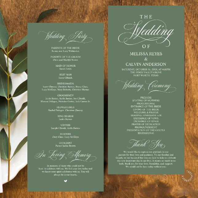 Elegant Klassisk Salviagrön Skrift Bröllop Program (Elegant Classy Sage Green Script Wedding Program Card)