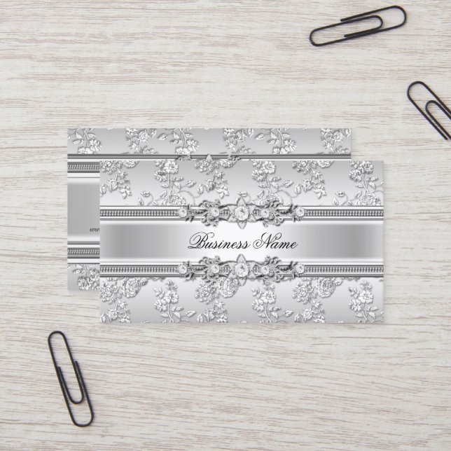 Elegant Klassisk Silver Präglad Blommig Utseende Visitkort (Fram/Back In Situ)