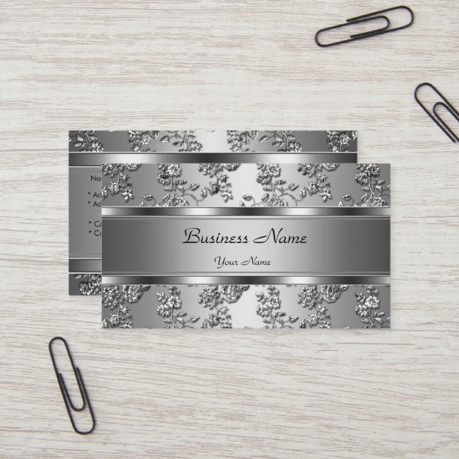 Elegant Klassisk Silver Präglad Blommig Utseende Visitkort (Fram/Back In Situ)