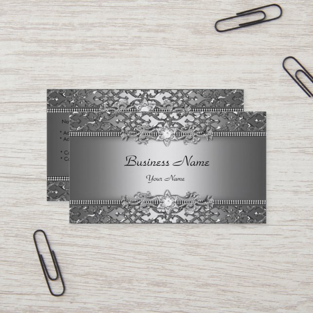 Elegant Klassisk Silvergrå Damask Präglad Utseende Visitkort (Fram/Back In Situ)
