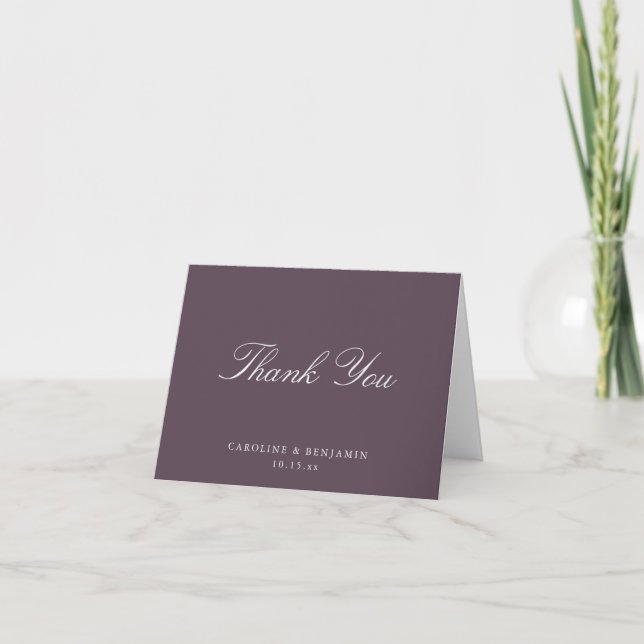 Elegant Klassisk Skript Bröllop Mörk Plommon Falta Tack Kort (Framsida)