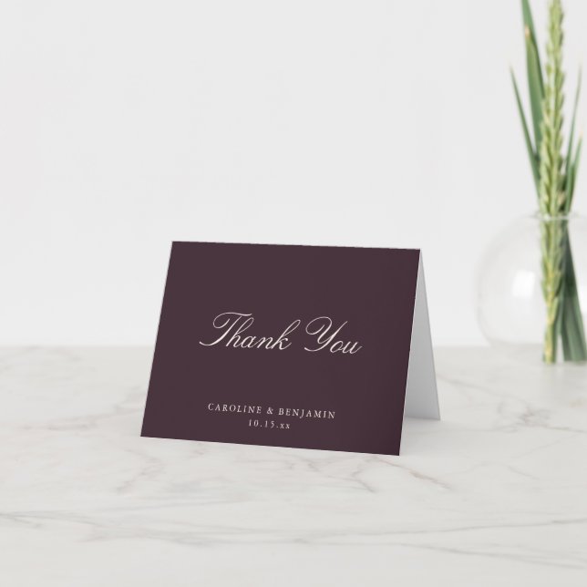 Elegant klassisk skriptbröllop mörk plommonflikig tack kort (Framsida)