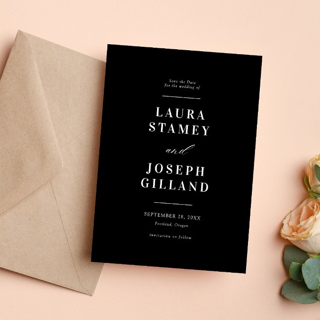Elegant Klassisk Svart och Vit Bröllop Spara Datumet (Elegant black and white save the date sets a timeless tone for your wedding.)
