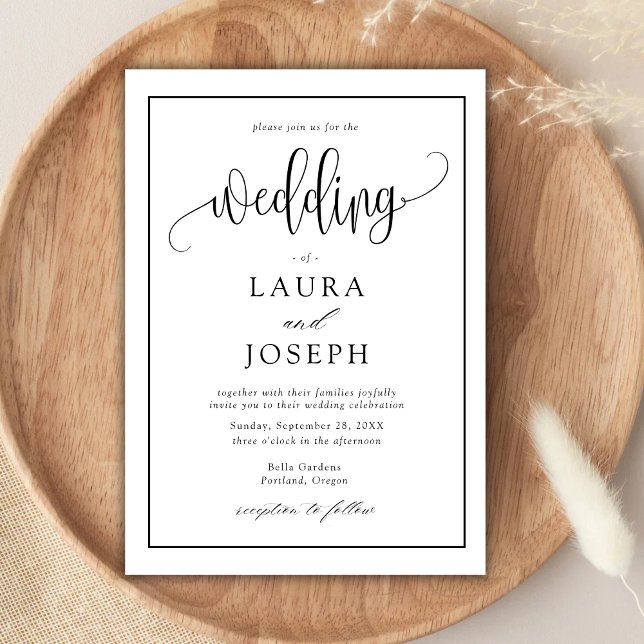 Elegant klassisk svart och vit bröllopsskrift inbjudningar (Elegant script black and white wedding invitation sets a timeless romantic tone with your details)