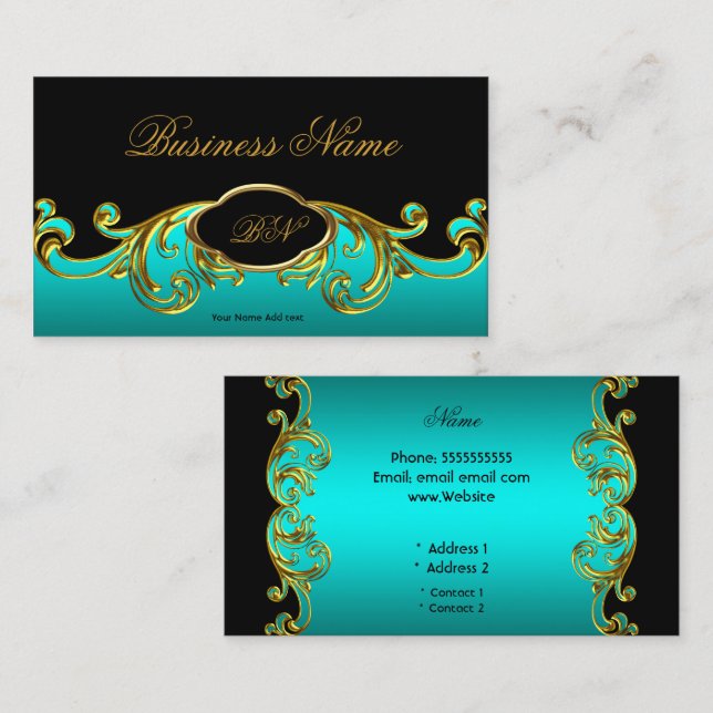 Elegant Klassisk Svart Teal Blå Grön Guld Blommig Visitkort (Fram/baksida)
