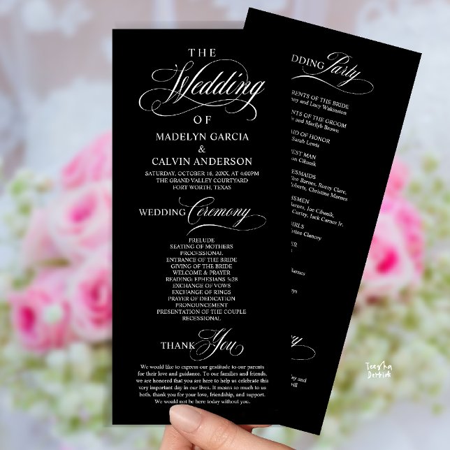 Elegant Klassisk Svart Vit Bröllopsceremoni Ordnin Program (Elegant Classy Gold Script Wedding Ceremony Order Program Card in Black and White)