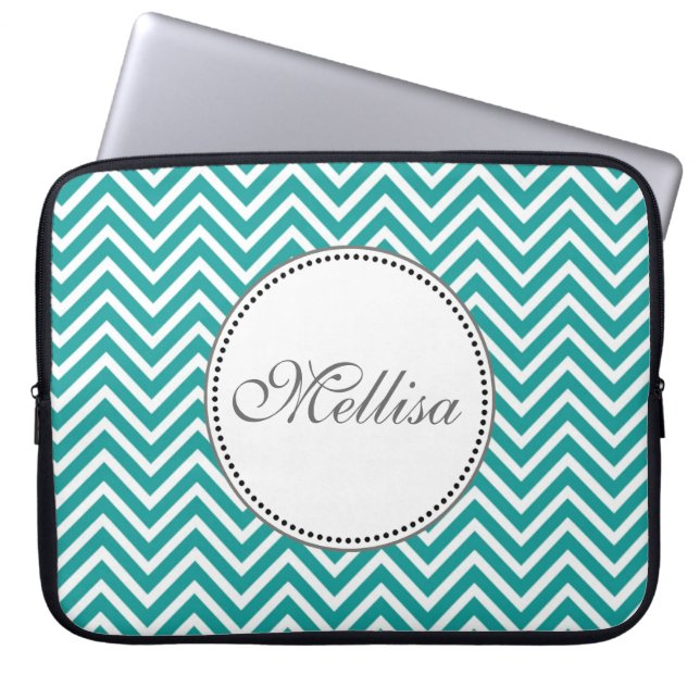 Elegant, klassisk teal och vit chevron zigzag laptop sleeve (Framsidan)