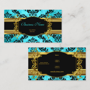 Elegant Klassisk Tealblå Guld Damask Blommig Visitkort
