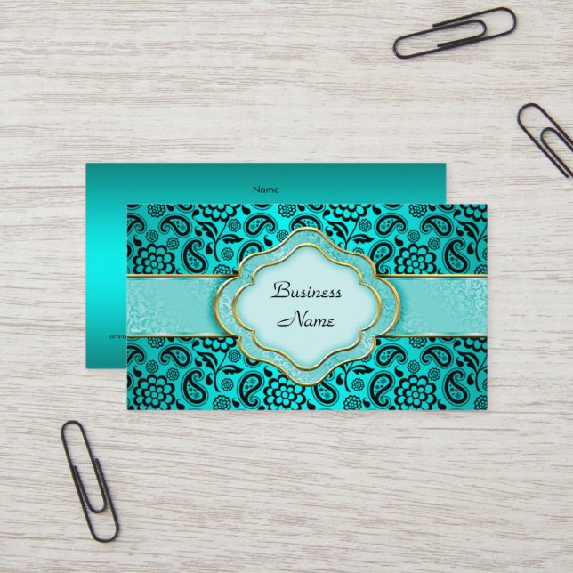 Elegant Klassisk Tealblå Paisley Blommig Damask Visitkort (Fram/Back In Situ)