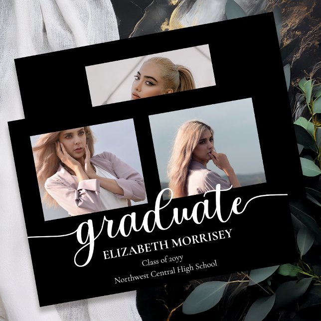 Elegant klassisk typsnitts text Examen 3 Foto Meddelande (Classy Elegant Script Text Graduate 3 Photo Black | White Graduation Announcement - Print | Digital)