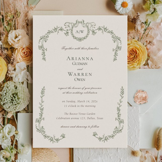 Elegant klassisk vintage grön monogram bröllop  inbjudningar (Elegant Classic Vintage Green Monogram Wedding Invitation)