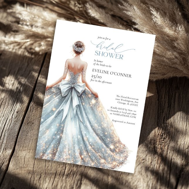 Elegant, klassiskt blåspark, blommigt av bröllop inbjudningar (Elegant classic blue sparkles wedding gown floral invitation)