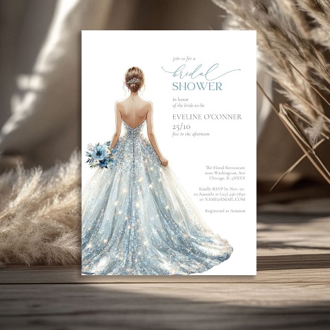Elegant, klassiskt blåspark, blommigt av bröllop inbjudningar (Elegant classic blue sparkles wedding gown floral invitation)