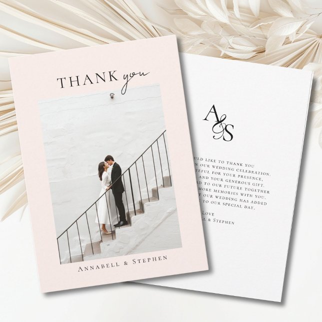 Elegant, klassiskt, Monogram, tack! 1 Foto Tack Kort (Elegant, classic, monogram, beige-blush-white, wedding 1 photo "Thank you" card.)