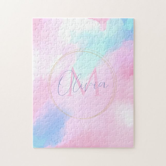 Elegant Klistra in blå Rosa vattenfärgsmålning Pussel (Vertikal)