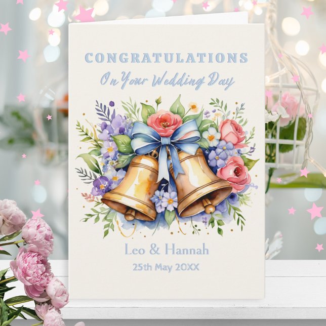 Elegant Klockor Flowers Grattis Bröllopsdag Kort (An elegant card for congratulations to a newlywed couple, with illustration of bells and flowers)