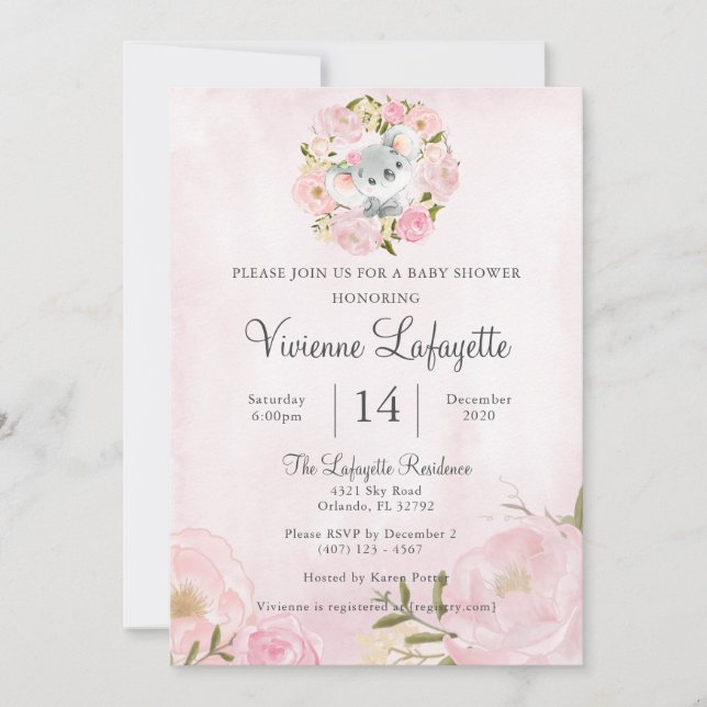 Elegant Koala Girly Rosa Barnskor Inbjudningar (Framsida)