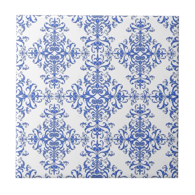 Elegant koboltblå och vit blomsterstil damask kakelplatta (Framsidan)