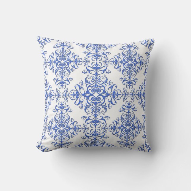 Elegant koboltblå och vit blomsterstil damask kudde (Framsida)