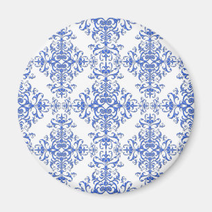Elegant koboltblå och vit blomsterstil damask magnet