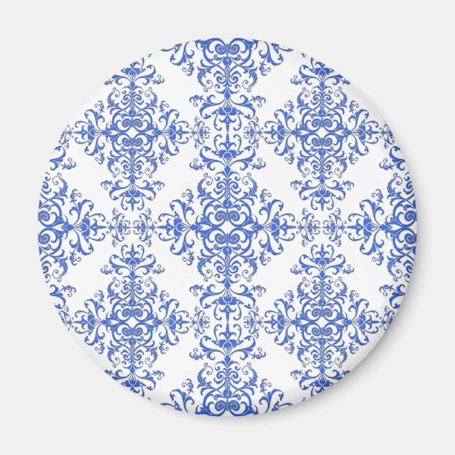 Elegant koboltblå och vit blomsterstil damask magnet (Framsidan)