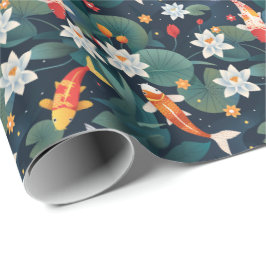 Elegant Koi and Waterlily Wrapping Paper on Indigo Presentpapper