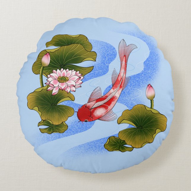 Elegant koi carp i lotus pond rund kudde (Framsidan)