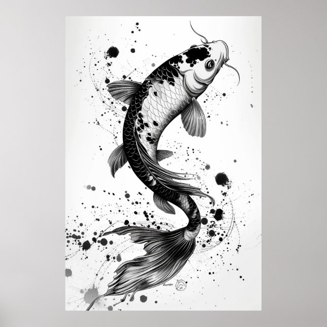 Elegant Koi Fish Pond Black Stroke Flat Illustrati Poster (Framsidan)