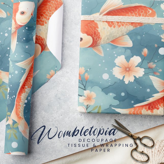 Elegant Koi Fish with Cherry Blommar, Blue, Orange Presentpapper (Skapare uppladdad)