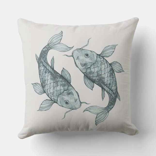 Elegant Koi Fisk Vattenfärgskonst | Japansk Stil Kudde (Baksida)