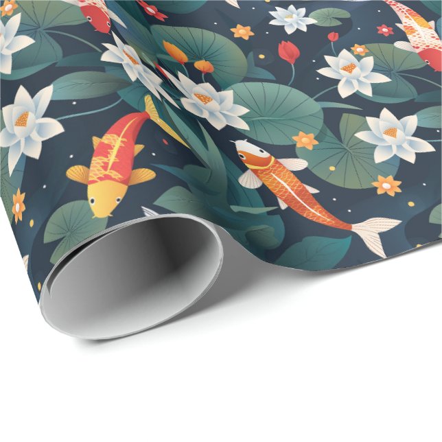 Elegant Koi och vattenlilja presentpapper på indig (Rullad Hörn)