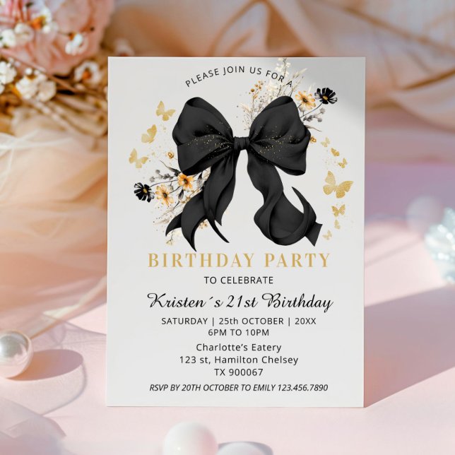 Elegant Kokett Svart Slinga Vilda Blommor Inbjudan (Elegant Black and Gold Birthday invitation card)