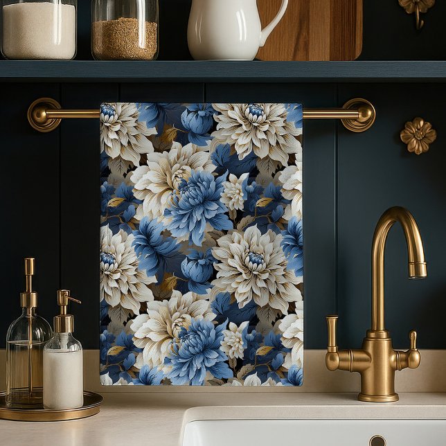 Elegant kökshandduk i blått med elfenbensvita blom (Chic Blue Ivory Floral Elegant Kitchen Towel)