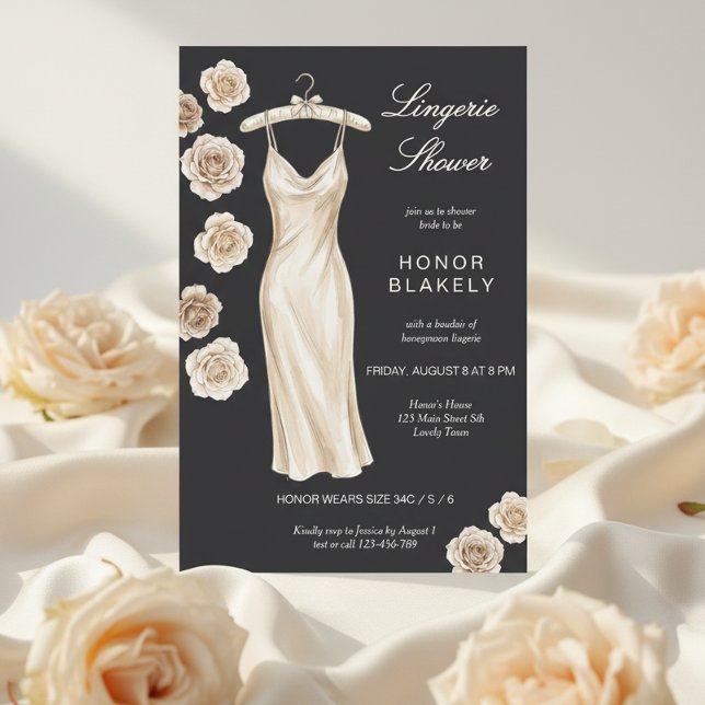 Elegant kolgrå och krämfärgad sidenunderkläder dus inbjudningar (Lingerie shower invitation for bride to be honeymoon wardrobe with chic moody noir aesthetic)