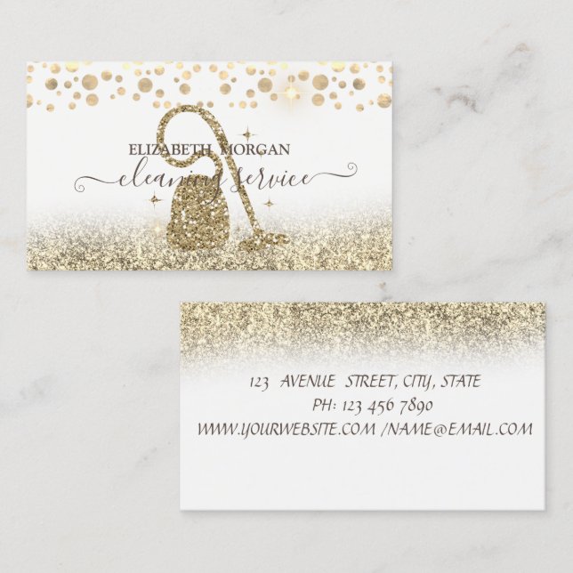 Elegant konfetti dammsugare guld glitter visitkort (Fram/baksida)