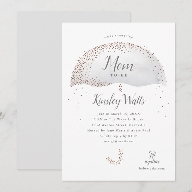 Elegant Konfetti Glitter Paraply Grå Baby Shower Inbjudningar (Fram/baksida)