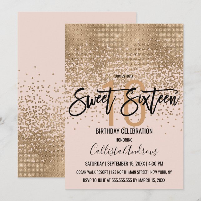 Elegant Konfetti  Rosa Guld Glitter, sötningsmedel Inbjudningar (Fram/baksida)