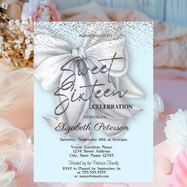 Elegant konfetti vit slinga Ljusblå Sweet 16 Inbjudningar (Skapare uppladdad)
