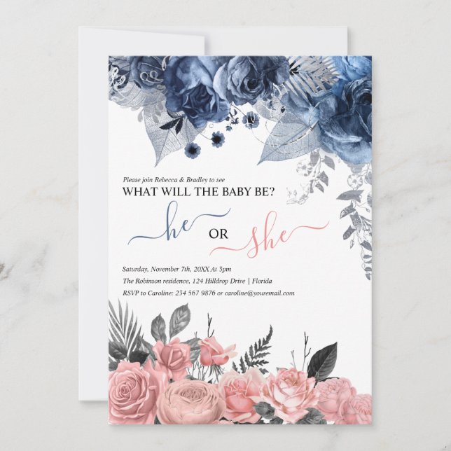 Elegant Könsbestämning | Blå Och Rosa Blommor Inbjudningar (Framsida)