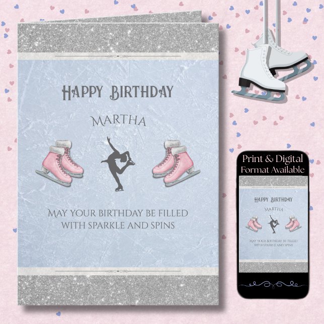 Elegant konståkning Glitter Figur Skridsko Födelse Kort (Send a card with grace and style with a personalized figure skater birthday card )