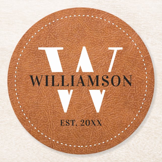 Elegant konstläder Monogram initial & familjenamn Underlägg Papper Rund (Framsidan)
