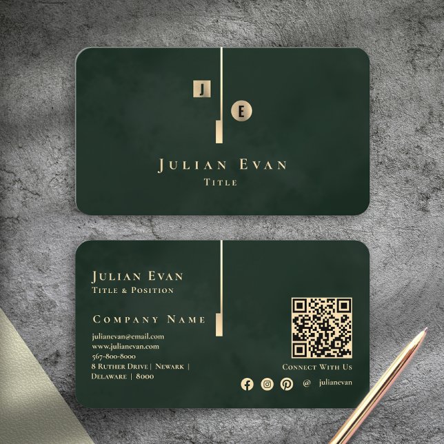 Elegant konstnärlig monogram mörk smaragdgrön guld visitkort (Elegant Artistic Monogram Dark Emerald Green Gold Business Card)