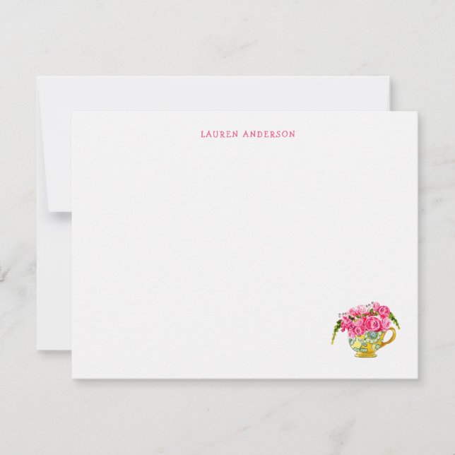 Elegant kopp med rosa rosor platt Tack Kort (Framsida)