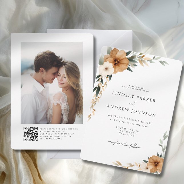 Elegant Koppar & Jordnära Botanisk Foto Bröllop Inbjudningar (Elegant Copper & Earthy Botanical Wedding Invitation)