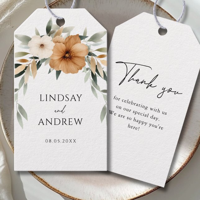 Elegant koppar- och jordnära botanisk bröllop presentetikett (Elegant Copper & Earthy Botanical Wedding Thank you Gift Tags with your Names, Date & Text.)