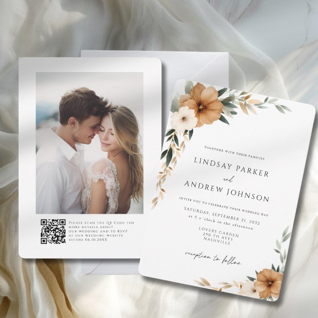 Elegant koppar- och jordnära botanisk bröllopsfoto inbjudningar (Elegant Copper & Earthy Photo QR Code Botanical Wedding Invitation)