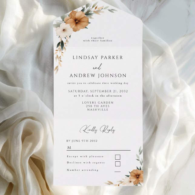 Elegant koppar- och jordnära botanisk bröllopsinbj (Elegant Copper & Earthy Botanical Wedding All In One Invitation)