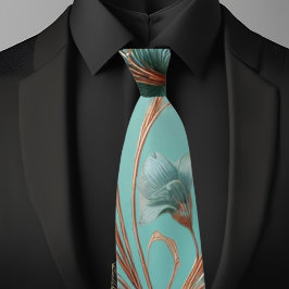 Elegant Koppar och Turkos Stor Blommig Mönster Slips